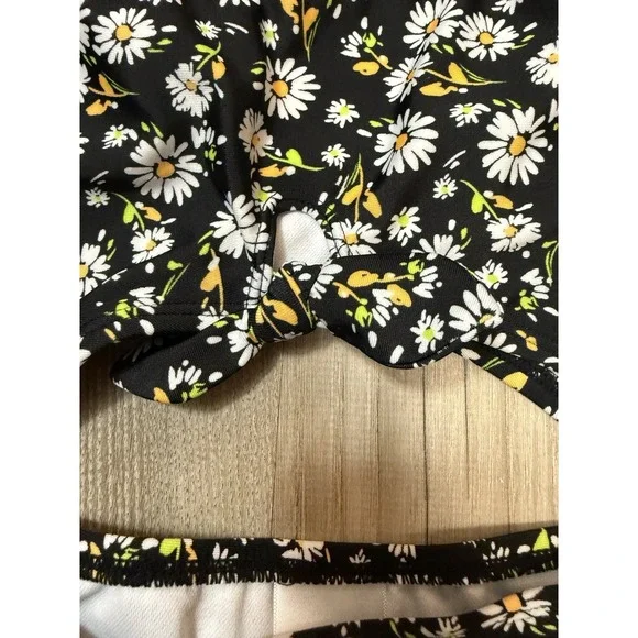 Girls Art Class Daisy Floral One Piece Swimsuit Size 8 Black Cutout Knot Front - Picture 2 of 6